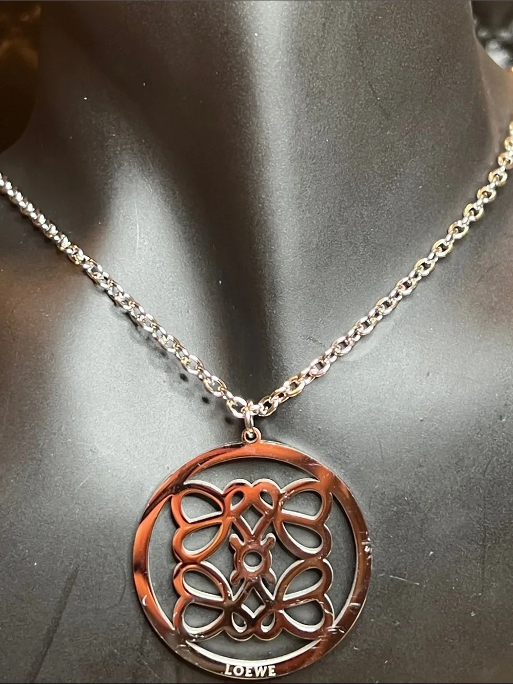 Stainless Steel Silver-Tone Filigree Round Pendant Necklace